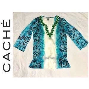 CACHÉ Women’s Blouse Blue Aquamarine Animal Print Beaded Neckline Sz XS